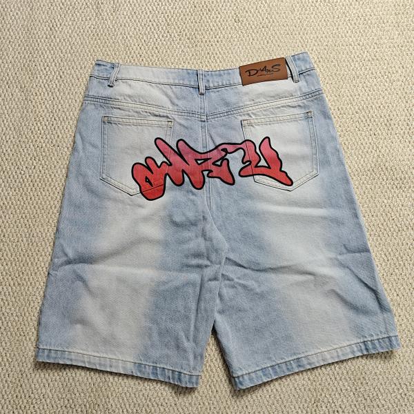 Custom Flared Knee Jeans Shorts Y2k Streetwear Embroidery Printed Vintage Double Waist Baggy Vintage Denim Jorts Men