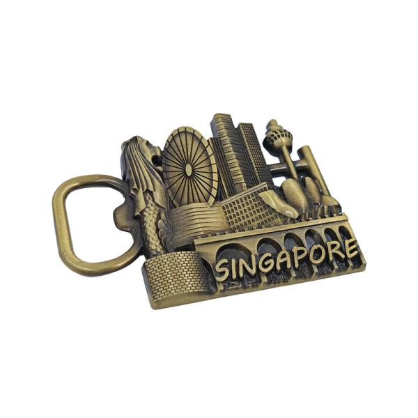 Antique Gold Singapore Signage Bottle Opener Vintage Metal Die-casting Round 2.5