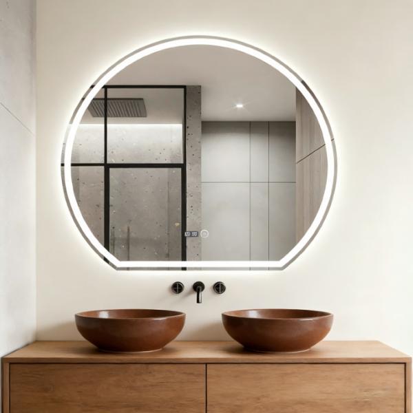Smart Modern LED Glass Bathroom Mirror Anti-Fog Round with One-Click Defogging Soft Circular Light Wall-Mounted for Home Decor