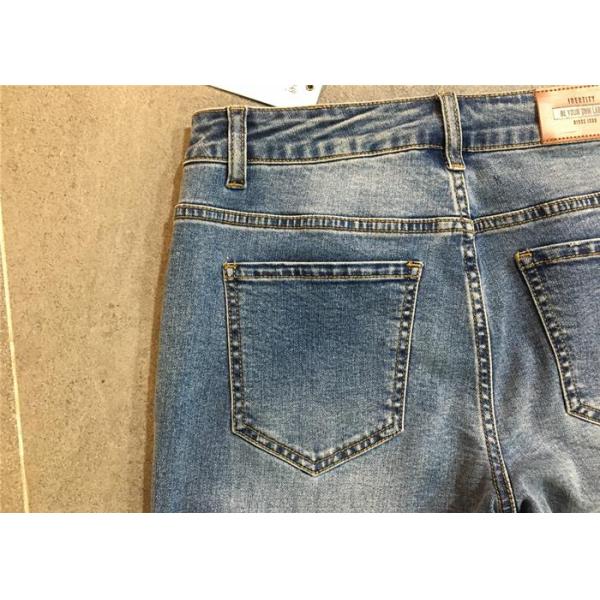 Light Wash Straight Leg Ladies Denim Jeans With Hem Rolled Cotton Strench Denim