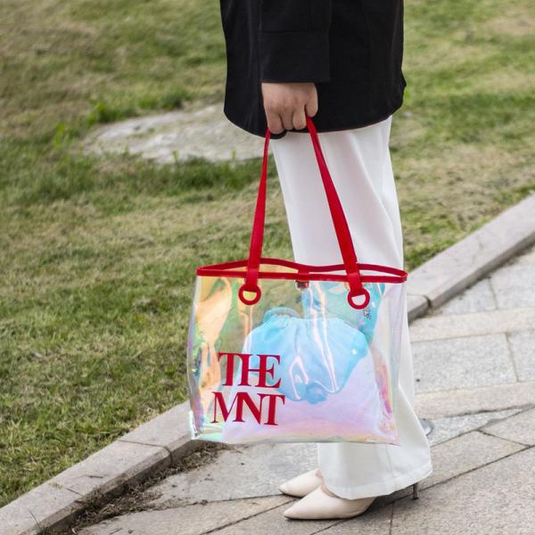 Custom Digital Printing Trendy Transparent PVC Shoulder Handbag Durable Washable Holographic Women'S Tote Shopping Bag