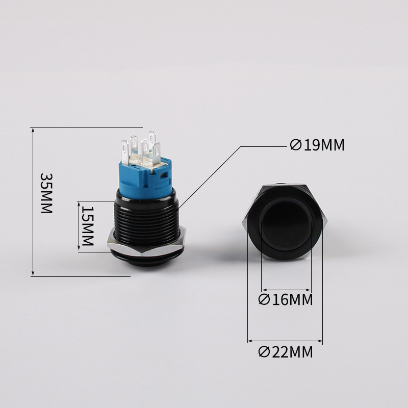 19mm Metal Push Button Switch Customizable LED Logo-IP65 Rated 220V Latching/Momentary (Black/Silver Shell) 1NO1NC Connector