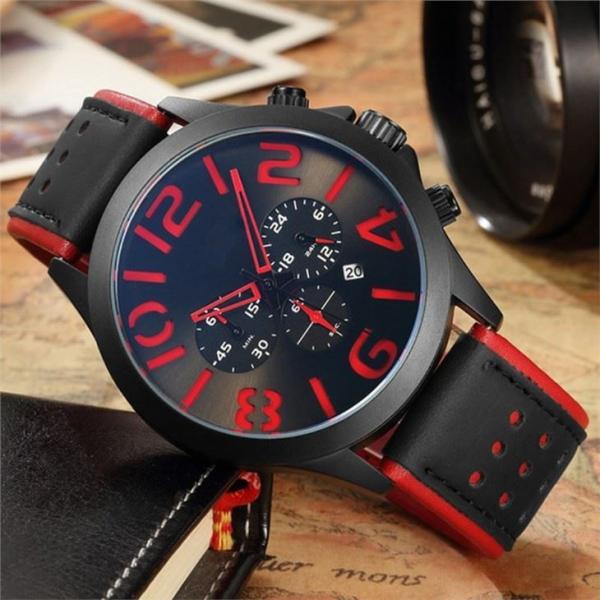 Pin Buckle Triple Date Calendar Watch Leather Belt Mens Chronograph Watches