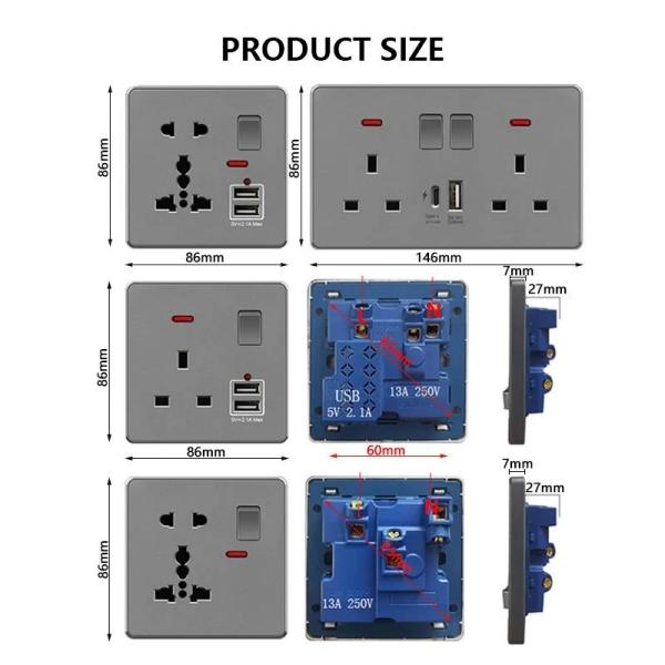 Hot Selling Nordic Grey 13A UK Standard Wall Switch Socket Universal USB Electrical Socket Light Switch 1gang 2way