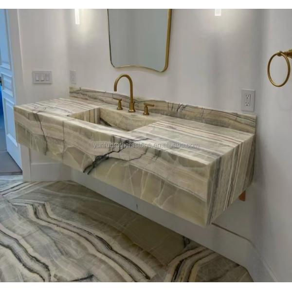 Hotel Bathroom Wall Panel and Vanity Basin with Sink Made of Natural Stone Onyx Marble