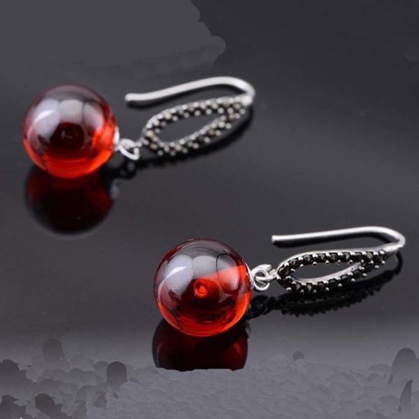 Thai Sterling Silver Marcasite Retro Earrings Synthetic Garnet Bead Drop Earring(053142)