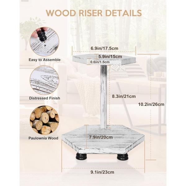 2-Tier Hexagonal Wooden Display Riser White Farmhouse Tray for Kitchen and Bathroom