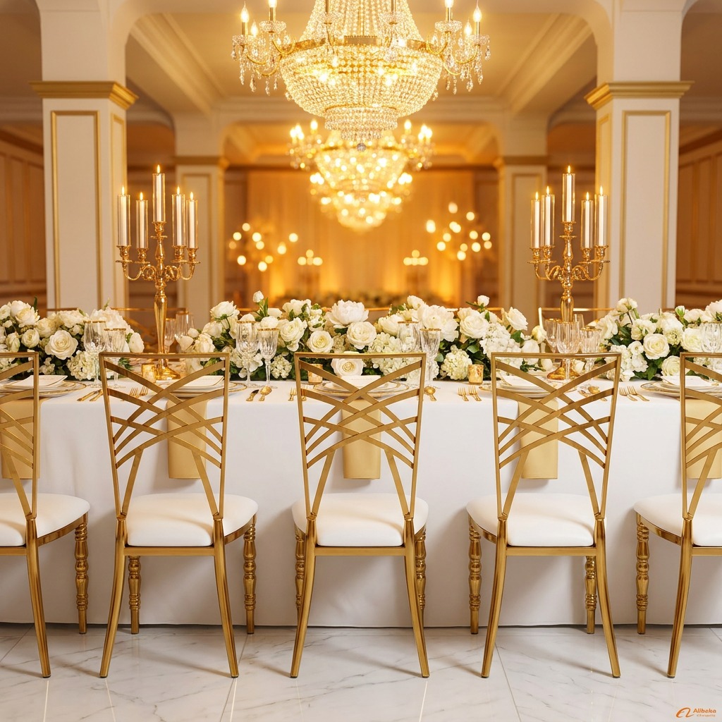 WENDING Gold Radial Spider-Web Backrest Banquet Chair – Ornate Cutout Wedding Dining Chair