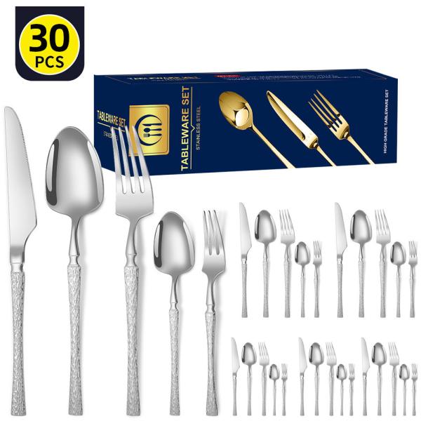 Set de talheres de aço inoxidável de cintura pequena padrão de martelo de aço inoxidável de talheres ocidentais caixa de presente 30 peças