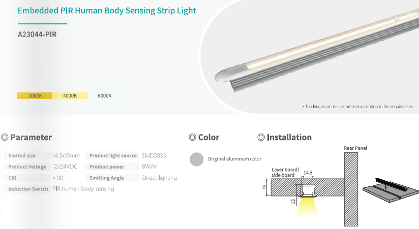 Letaron Under Cabinet PIR Motion Sensor LED Strip Lights Recessed Custom Length RA90+ 12/24V
