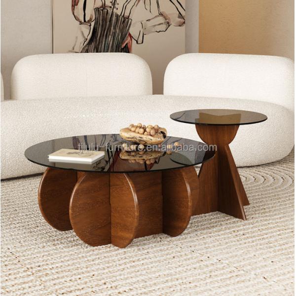 Solid Wood Round Side Glass Top Table Coffee Table For Living Room Design General Home Furniture Lacquered Finish