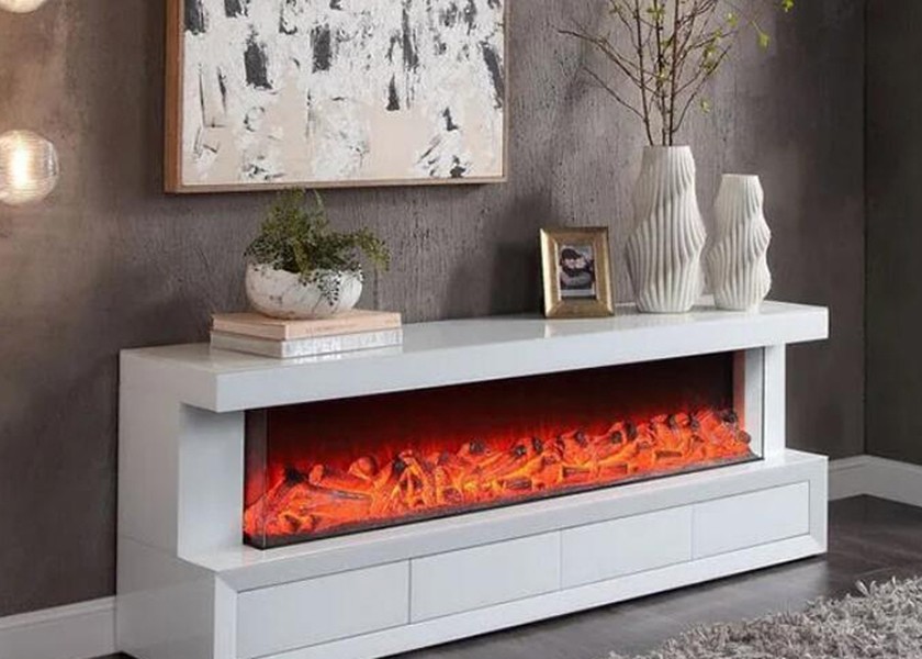 JS-FP03 Super White Mirrored Glass Electric Fireplace TV Stand with 3D Realistic Flame Effect and Free-Standing Mantle Structure