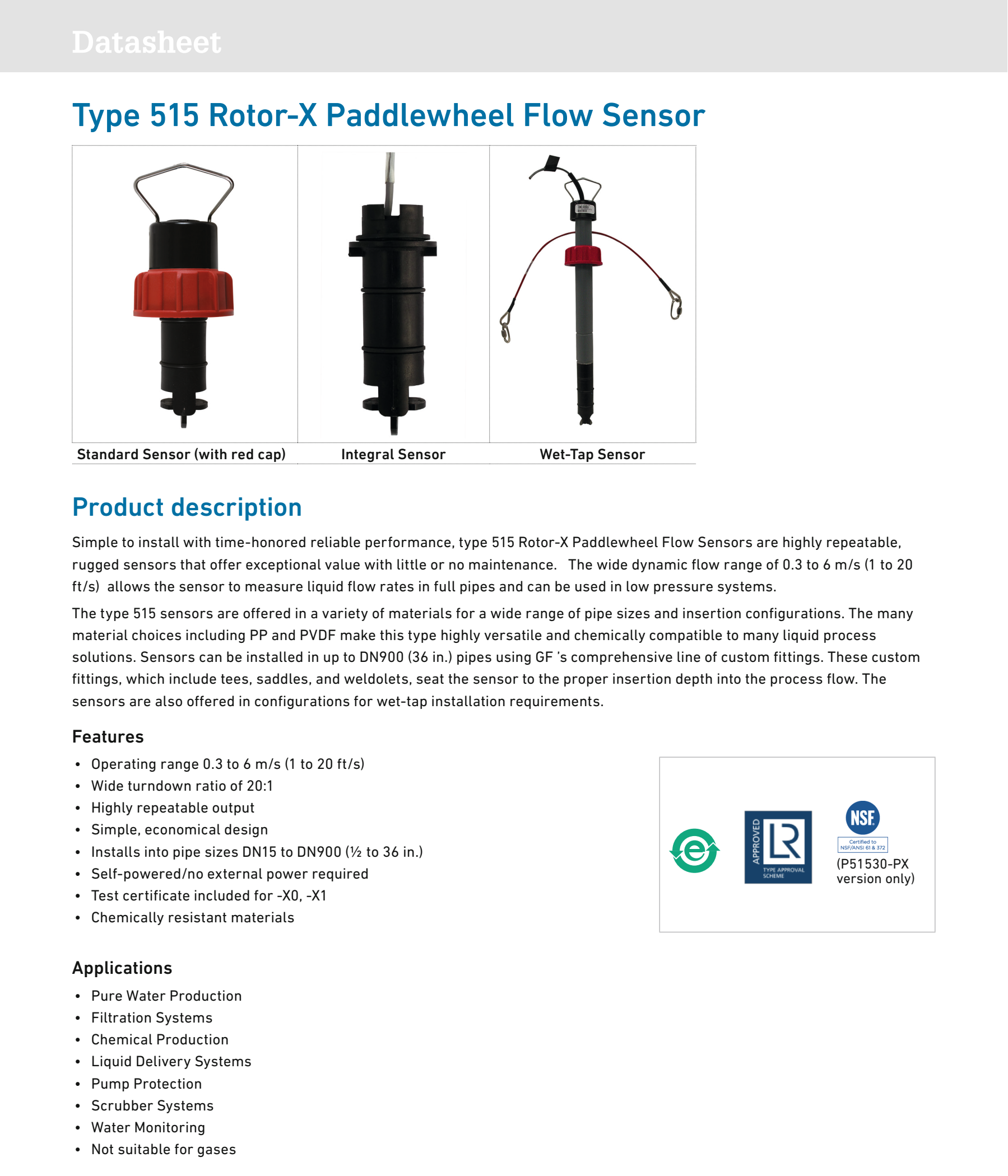 Type 515 GF Signet P51530-P0 Rotor-X Paddlewheel Flow Sensor