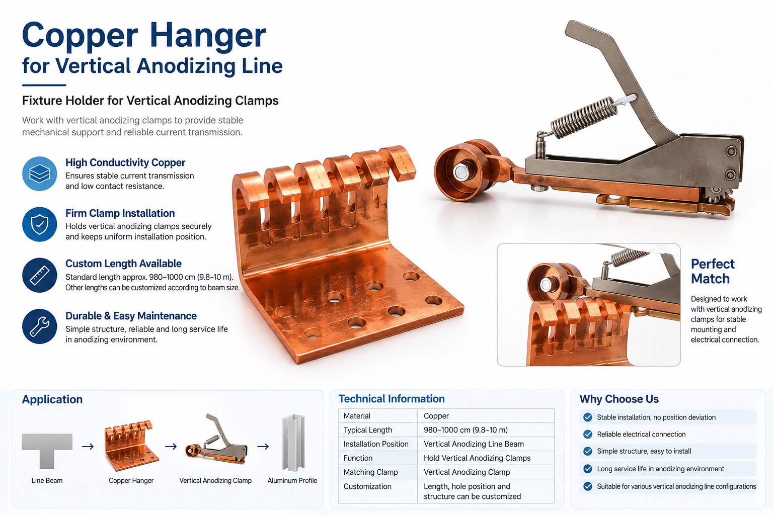 Electroplating  Copper Base  980mm - 1000mm Vertical Anodizing Hanger