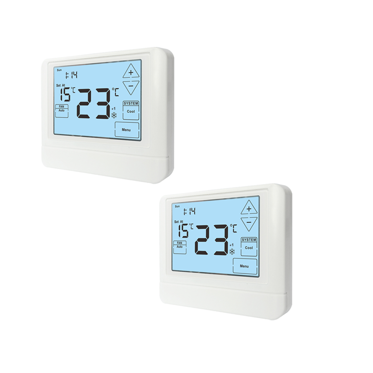LCD Touch Screen Wired Room Thermostat Compatible with Air Conditioning Heat Pump Units Featuring White Blue Green Backlight Color