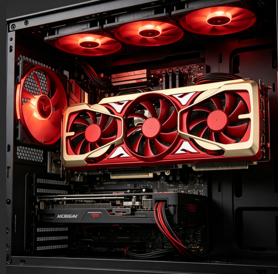 Custom 3-Fan GPU Cooler, Aluminum Heatsink with Red Fans, Replacement Graphics Card Cooling System for Desktop
