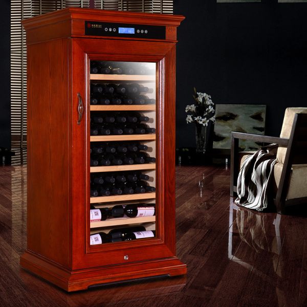 Burgundy Wooden Wine Cooler Cabinet with Precise Temperature Control and LED Interior Lighting
