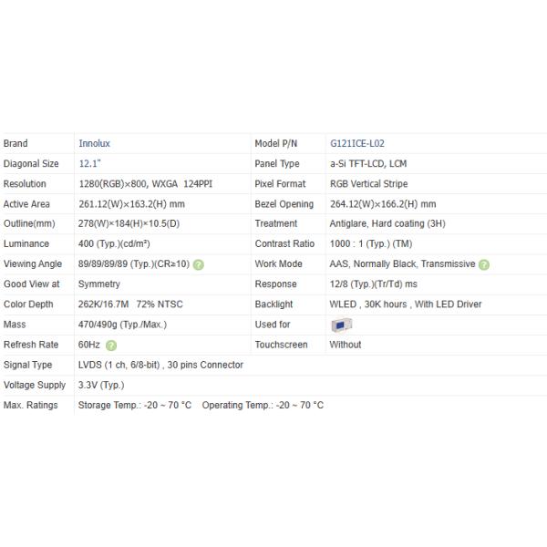 1280x800 TFT Capacitive Touch Screen  12.1 Tft  -20 ~ 70 Degree G121ICE-L02