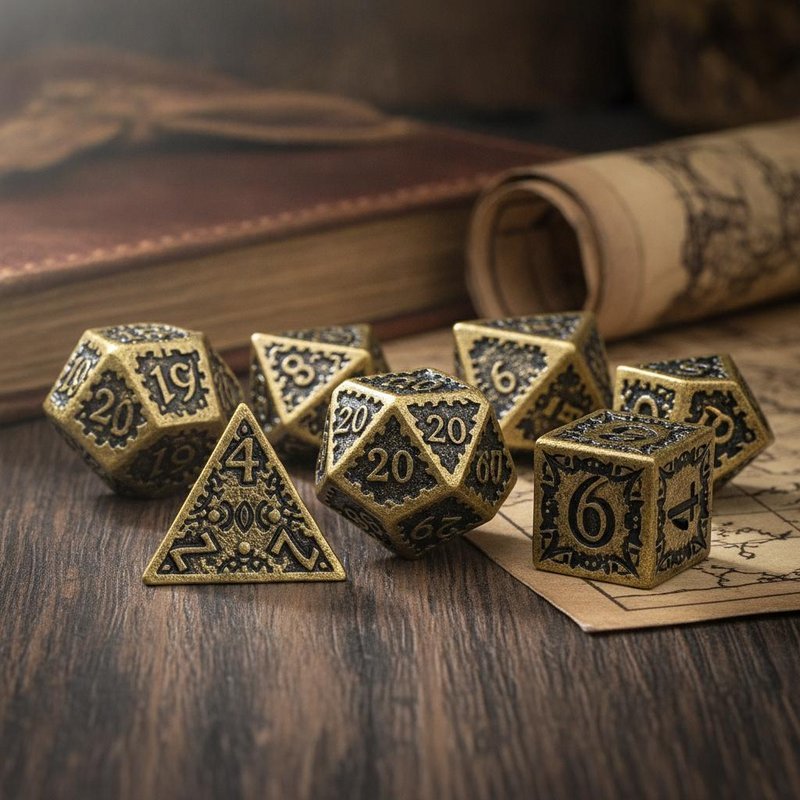 Archaize Dice Set with Antique Gold Finish and Black Inscriptions Featuring Engraved Numbers and Ancient Archaic Design for Tabletop RPGs