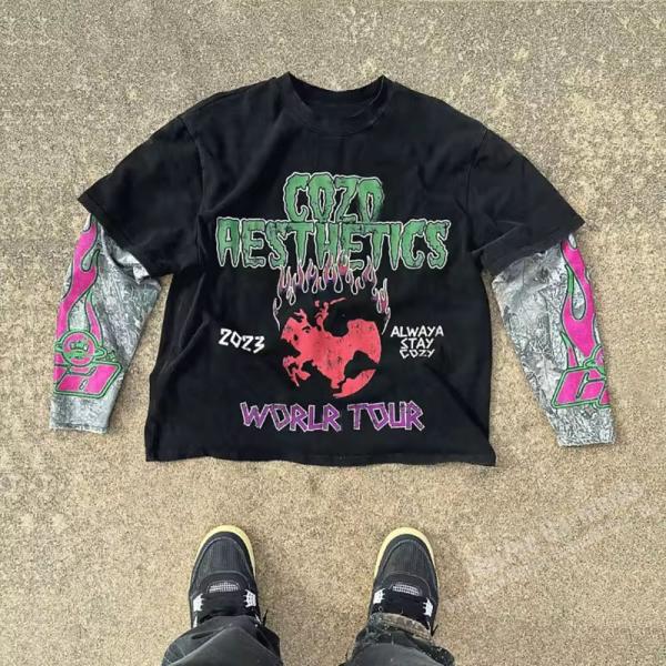 Impresión personalizada Logotipo gráfico T-shirt de pantalla superior Impreso de algodón pesado de doble capa ropa de calle de época camisetas de manga larga para hombres