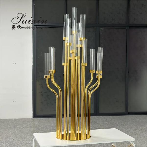Suministros de decoración de bodas de lujo Oro 17 brazos Candelabro portavelas Cristal alto Candelabro centros de piezas