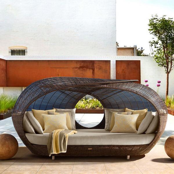 Outdoor Furniture Half Round Rattan Daybed with Soft Cushion and Wicker Patio Furniture