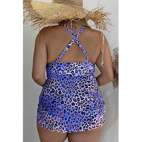 Голубой леопард плюс шея бикини размера установленная разделил сексуальный swimwear бикини для Curvy женщин