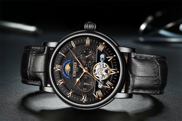 KINYUED Tourbillon automatic mechanical movement genuine leather waterproof  wrist watch