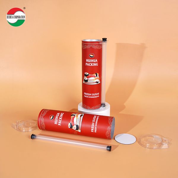 Eco-friendly Push Pop up Sushi Food Paper Tube Canister Container with Pipe and Foam No Leaking Easy to Take Cylinder Packaging