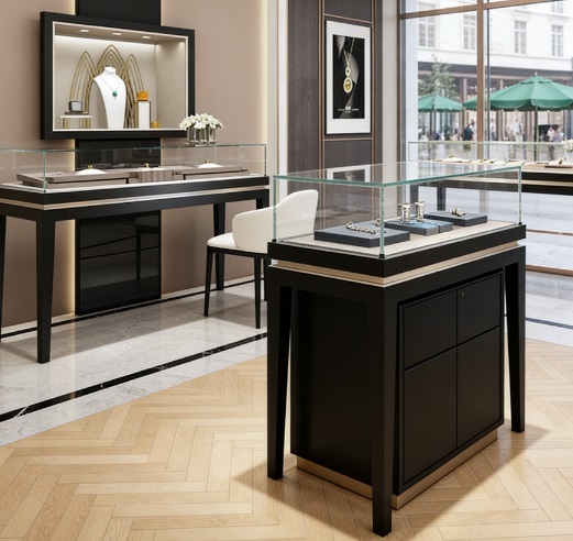 Luxury Black Wooden Jewelry Display Case with Glass Top and LED Lighting for
