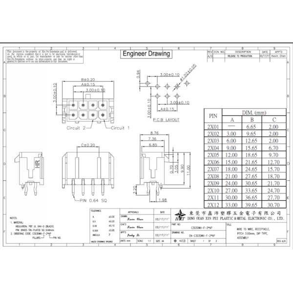 3.0mm Pitch Board In Connector, Wafer Connector Tin-Plated Foot Dual Row Header