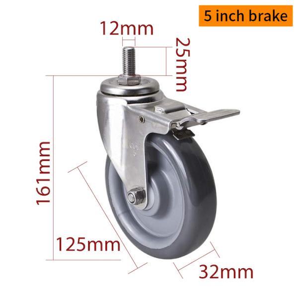 EDL 5Inch Stainless Steel Caster Loading 150Kg with TPU Wheel  Threaded Swivel/Brake S545S-75