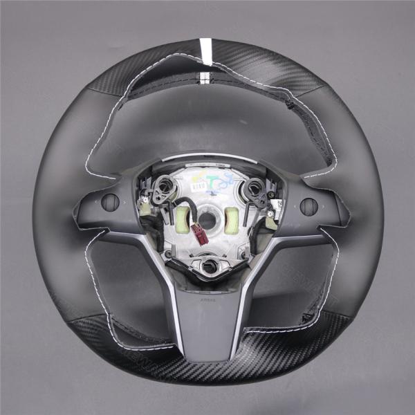 Custom Hand Stitching Black PU Leather Matt Carbon Steering Wheel Cover for Tesla Model 3 Model Y