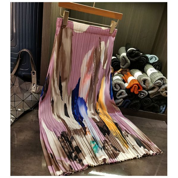 Women's Retro Style Summer Half Skirt New Casual Elastic Waist Pleated Mid-Length Design Oil Painting Contrasting Detail
