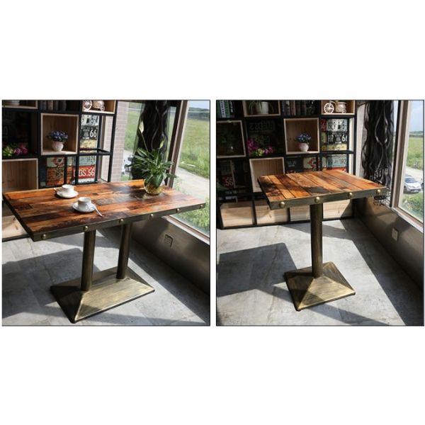 Customized Retro Industrial Fast Food  Furniture Wooden Cafe Restaurant Tables and Metal Leather Chairs