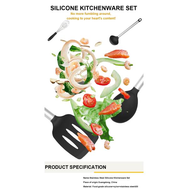 утвари силикона 9Pcs варя с ручкой нержавеющей стали