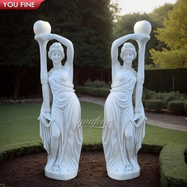 Hand Carved Life Size White Garden Arts Floor Statue Girl Marble Sculptures Lamp