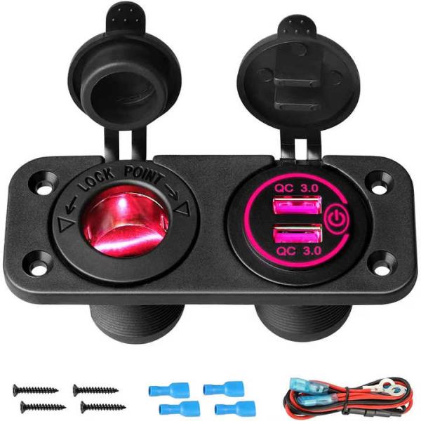 Enchufe cargador de coche USB QC3.0 dual de 2 grupos con interruptor de encendedor de cigarrillos y carga rápida