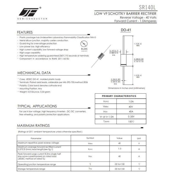 Low Vf Schottky Barrier Rectifier Diode SR1200L with DO-41 Package and Alloy Structure