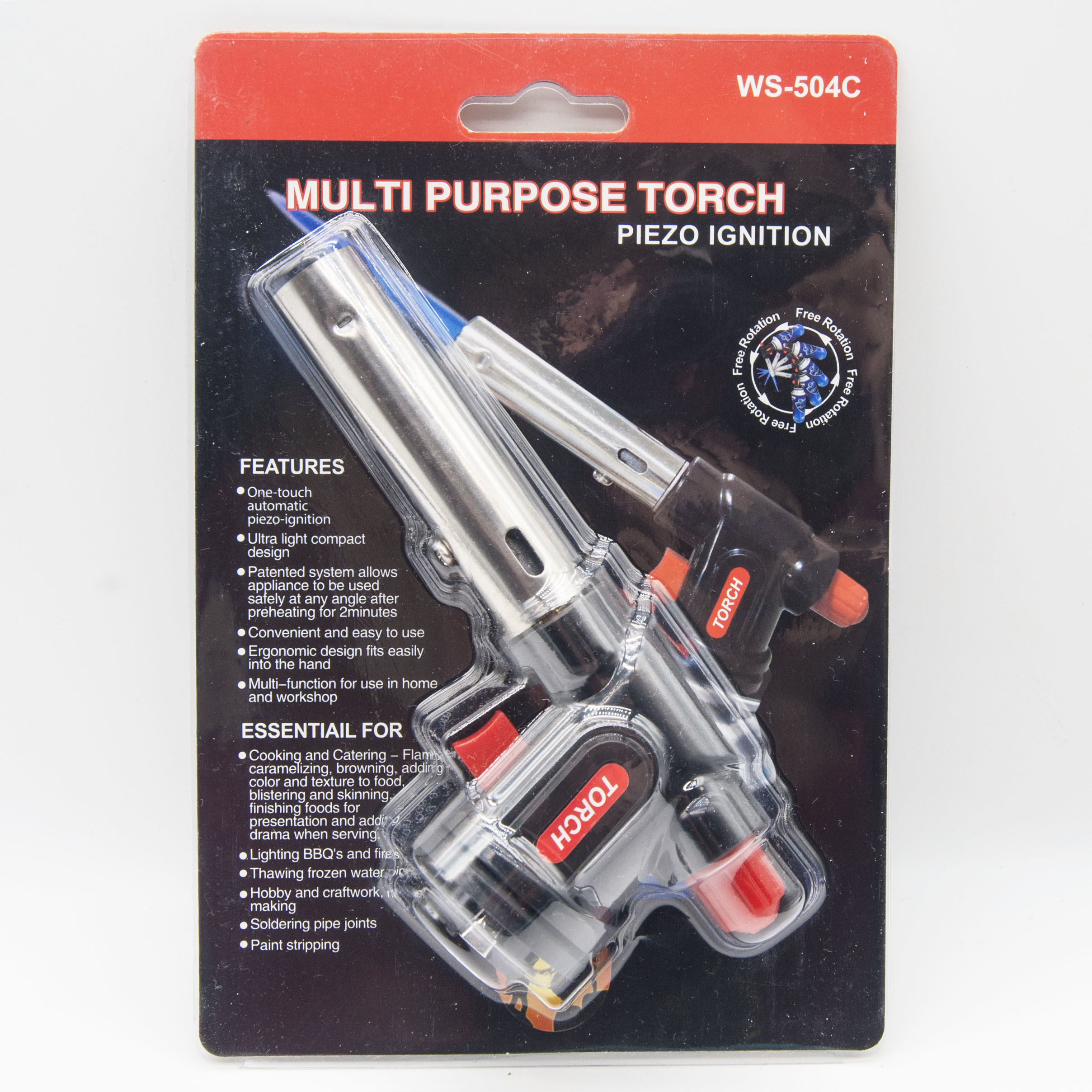 504C Portable Butane Blow Torch Head Black Red Flame Gun With One Touch Trigger Piezo Ignition