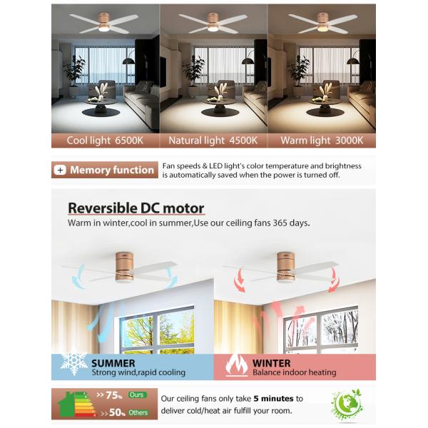 Design moderno 6 velocidades MDF lâminas Ventilador de teto Luz cor rosa-ouro e baixo perfil