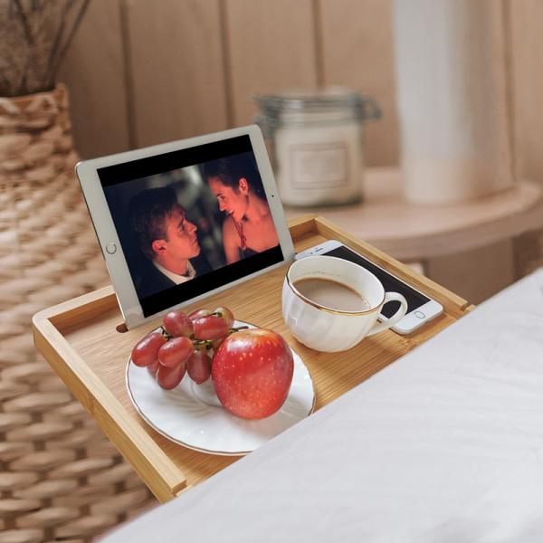 Prateleira de cama de bambu com porta-tablet para celular para outra organização de armazenamento em casa