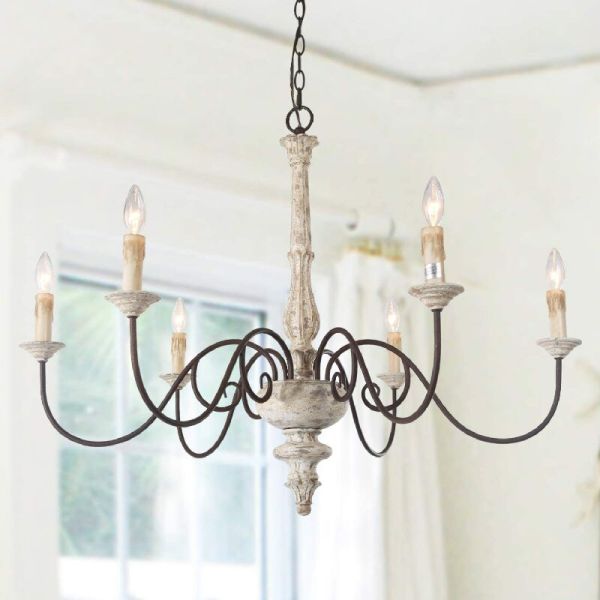 Antique Gold Floral Iron Frame Wooden Crystal Chandelier with Adjustable Height for Living Room Dining Room