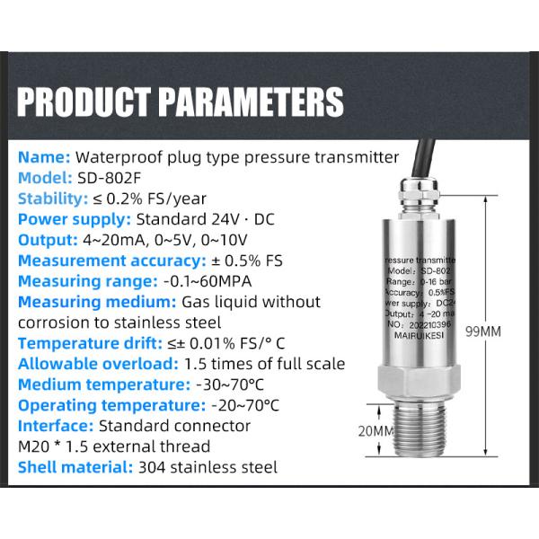 Liquid Small Pressure Sensor Transmitter 4-20mA 304 Stainless Steel Precision ±0.5%FS