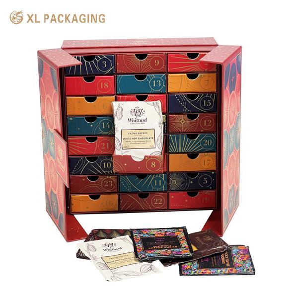 Custom Luxury 24 Drawer Advent Calendar Box with Vintage Gold Foil Decoration and Flip Side Support Structure