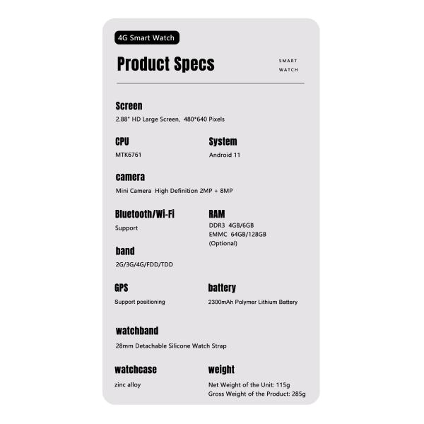 New S999 4G Smartwatch Android 11 OS MTK6761 2.0+8.0MP Dual Camera 4+64GB BT GPS WiFi Phone Call