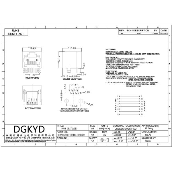 Гаван соединителя порта DGKYD56311188IWA1DY1030 RJ45 одиночная все пластиковое Lightless 8P8C