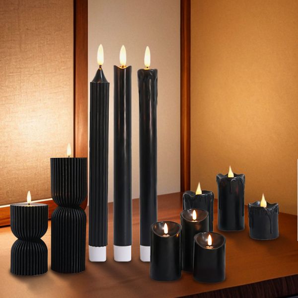 Remote Timer Moving Flame LED Candles Eco Friendly Flameless Wax Pillar Candles Black