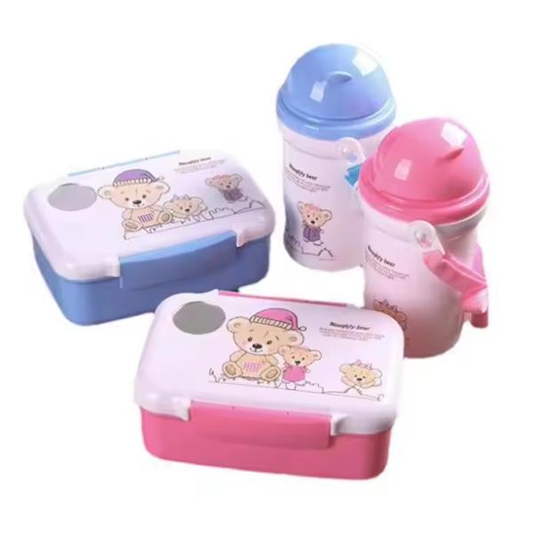 Customized Logo Acceptable Children Cartoon Lunch Box Set with 500ml Straw Kettle