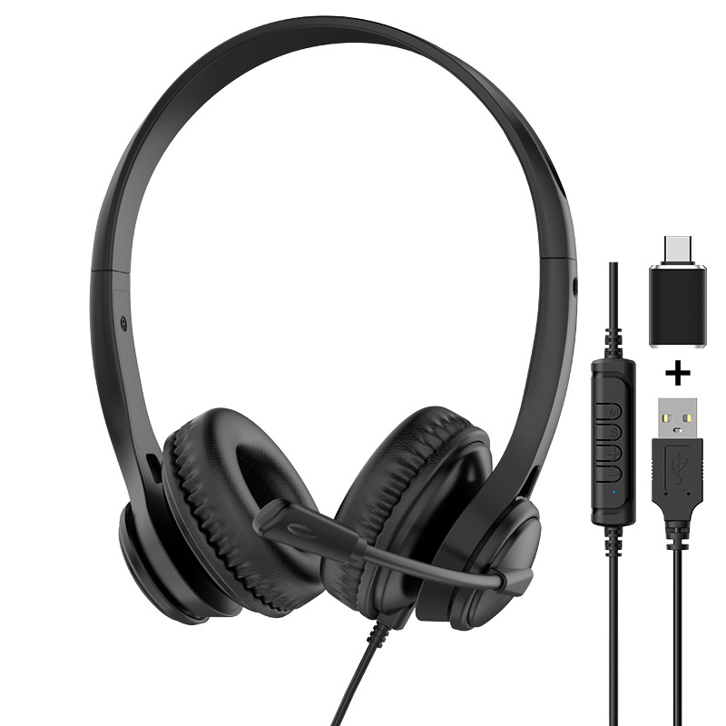 JTY-1225 Head mounted wired headphones with microphone, desktop laptop, online learning, office, customer service, call headset 3.5mm/Type-C/USB plug, supporting OEM/ODM customization service